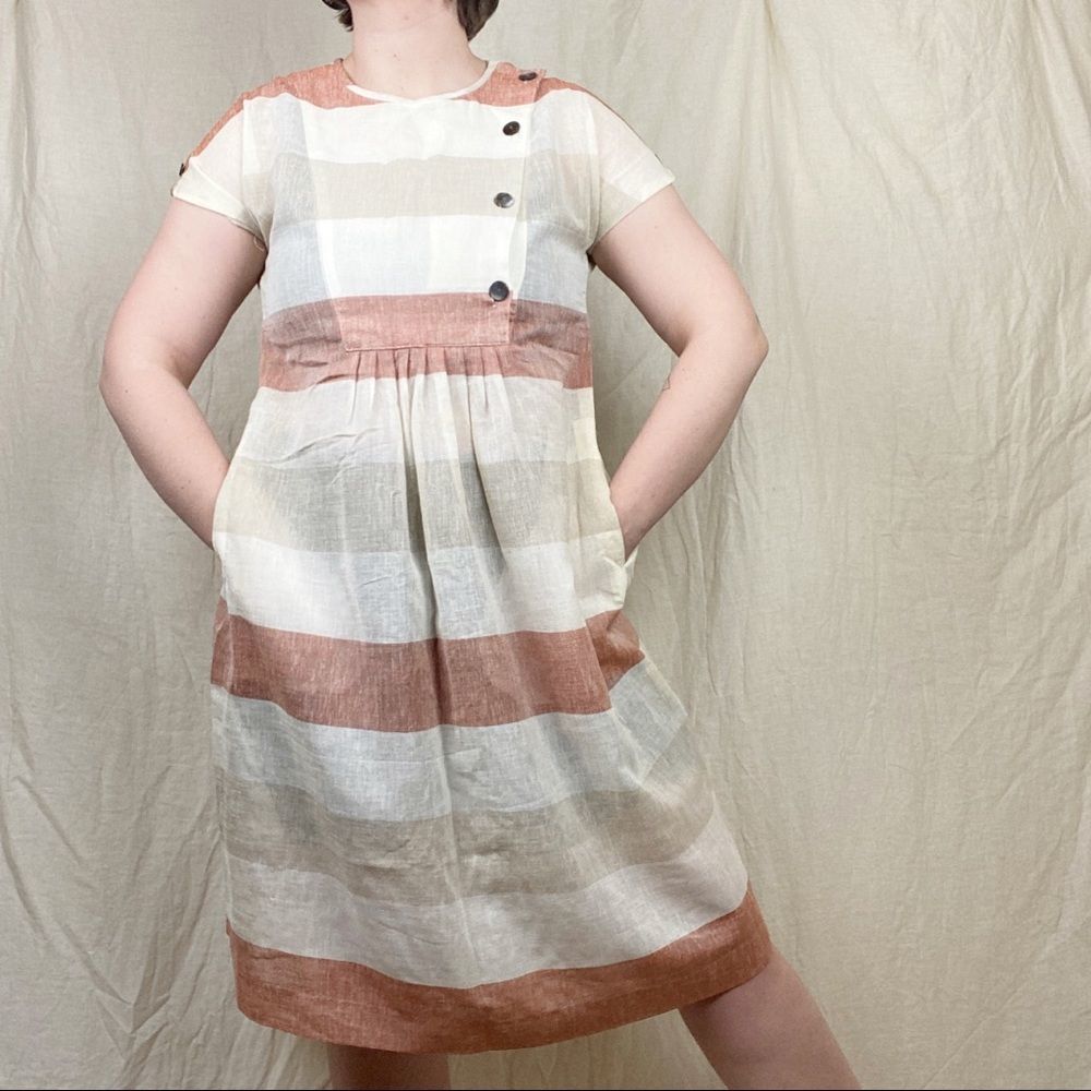 Vintage 70s Striped Buttons Pockets Summer Cap Sleeve Sheer A Line Linen Dress S